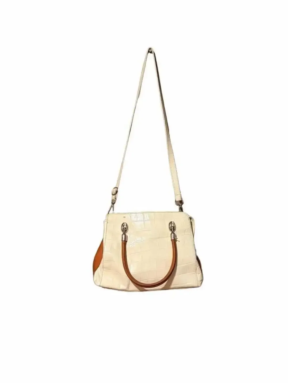 Valentina Made in Italy White Croc-Embossed Leather Satchel with Tan Trim